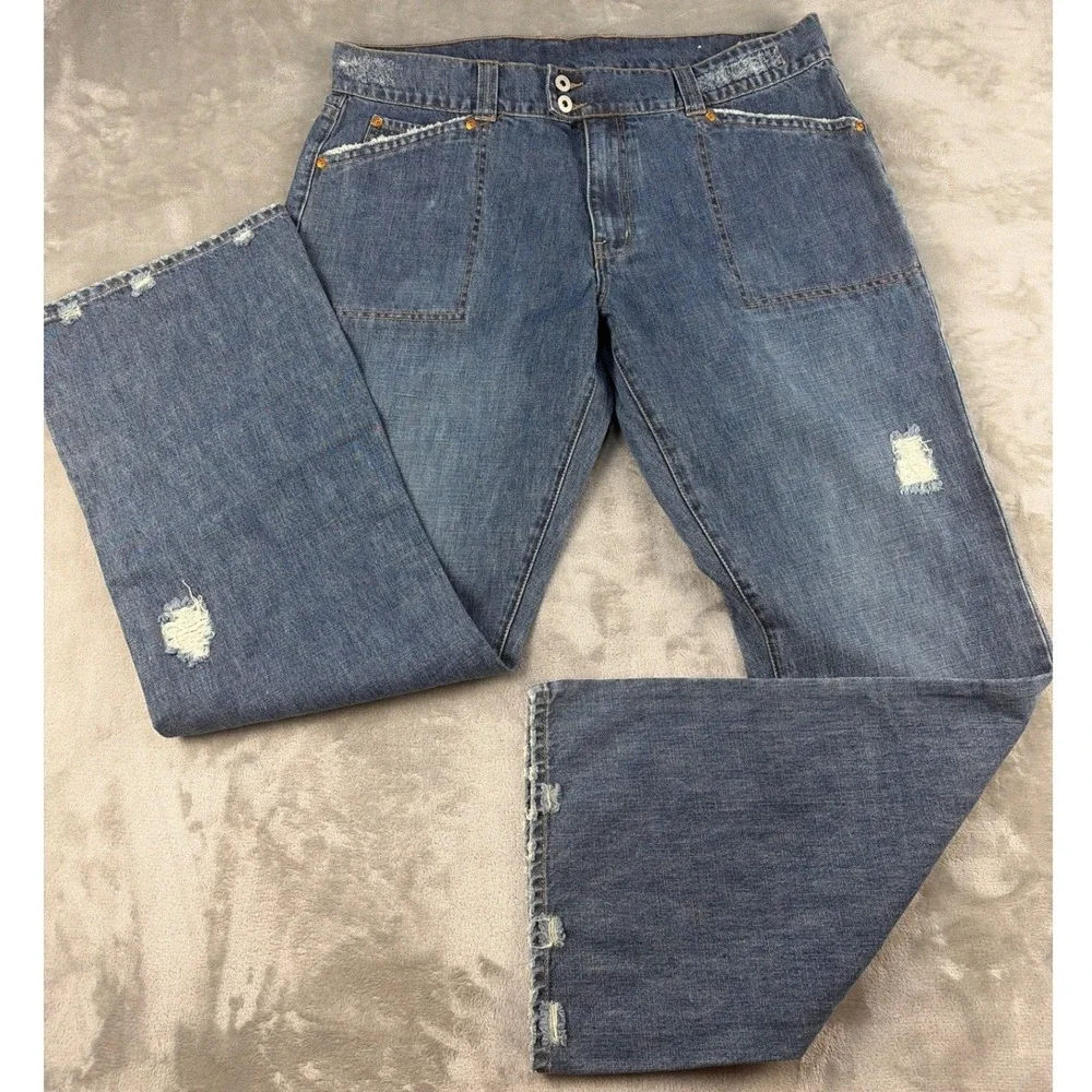 Guess Jeans Mens 38x32 Distressed Wide Leg Blue Denim Patch Pocket NWT